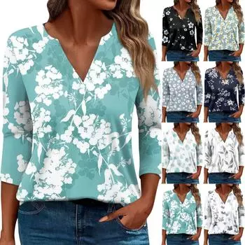 Женская футболка Футболка с принтом Рукав 3/4 Повседневные Выходные Мода Базовый V-образный вырез Обычный топ L винный