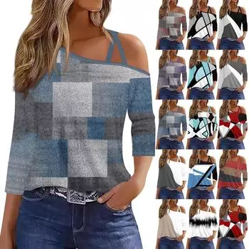 Женская футболка Футболка с принтом Рукав 3/4 Повседневные Выходные Мода Классический с открытыми плечами Обычный Топ L чёрный