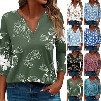 Женская футболка Футболка с принтом Рукав 3/4 Повседневные Выходные Мода Базовый V-образный вырез Обычный топ XXXL
