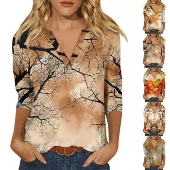 Женская футболка Футболка с принтом Рукав 3/4 Повседневные Выходные Мода Базовый V-образный вырез Обычный топ L чёрный