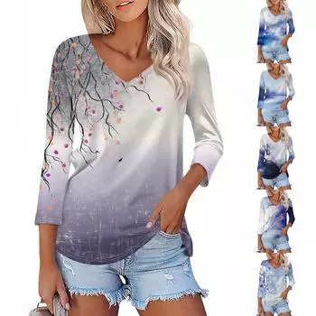 Женская футболка Футболка с принтом Рукав 3/4 Повседневные Выходные Мода Классический V-образный вырез Обычный Топ L синий