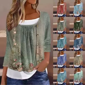 Женская футболка Футболка с принтом Рукав 3/4 Искусственные двойки Повседневные Выходные Мода Базовый Обычный Топ S