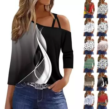 Женская футболка Футболка с принтом Рукав 3/4 Повседневные Выходные Мода Классический с открытыми плечами Обычный Топ XXL чёрный