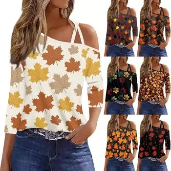 Женская футболка Футболка с принтом Рукав 3/4 Повседневные Выходные Мода Классический с открытыми плечами Обычный Топ XXL чёрный