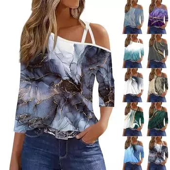 Женская футболка Футболка с принтом Рукав 3/4 Повседневные Выходные Мода Классический с открытыми плечами Обычный Топ XXXL