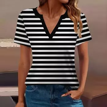 Женская футболка Футболка с принтом с коротким рукавом Повседневные выходные Мода Базовый топ с V-образным вырезом Обычный топ L чёрный