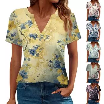 Женская футболка Футболка с принтом с коротким рукавом Повседневные выходные Мода Базовый топ с V-образным вырезом Обычный топ L жёлтый