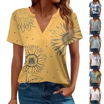 Женская футболка Футболка с принтом С короткими рукавами Повседневные Выходные Мода Классический V-образный вырез Обычный Топ L синий