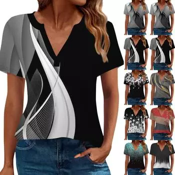 Женская футболка Футболка с принтом С короткими рукавами Повседневные Выходные Мода Классический V-образный вырез Обычный Топ XXL белый