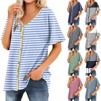 Женская футболка Футболка с принтом Женские рубашки V-образный вырез с короткими рукавами Туника на пуговицах Топы Блузка L чёрный