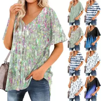 Женская футболка Футболка с принтом Женские рубашки V-образный вырез с короткими рукавами Туника на пуговицах Топы Блузка L синий