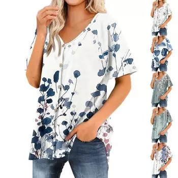 Женская футболка Футболка с принтом Женские рубашки V-образный вырез с короткими рукавами Туника на пуговицах Топы Блузка L синий