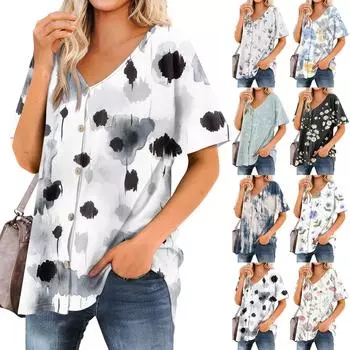 Женская футболка Футболка с принтом Женские рубашки V-образный вырез с короткими рукавами Туника на пуговицах Топы Блузка XXXL синий