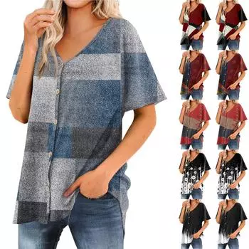 Женская футболка Футболка с принтом Женские рубашки V-образный вырез с короткими рукавами Туника на пуговицах Топы Блузка L чёрный