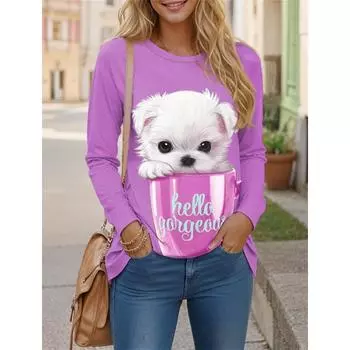 Женская футболка Футболка Собака 3D Черный Розовый Красный Принт Длинный Рукав Повседневная Выходная Мода S