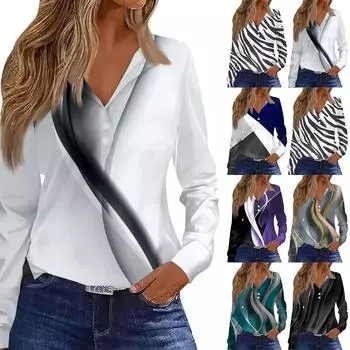 Женская футболка Футболка Сплошной цвет на пуговицах с длинным рукавом Повседневные Выходные Мода Классический топ с отворотом и v-образным вырезом Обычный топ XXL белый