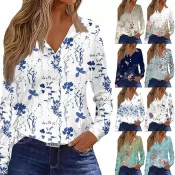 Женская футболка Футболка Сплошной цвет на пуговицах с длинным рукавом Повседневные Выходные Мода Классический топ с отворотом и v-образным вырезом Обычный топ XXXL