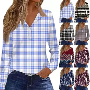 Женская футболка Футболка Сплошной цвет на пуговицах с длинным рукавом Повседневные Выходные Мода Классический топ с отворотом и v-образным вырезом Обычный топ L