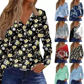 Женская футболка Футболка Сплошной цвет на пуговицах с длинным рукавом Повседневные Выходные Мода Классический топ с отворотом и v-образным вырезом Обычный топ XL синий