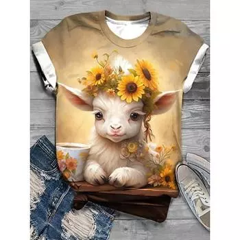 Женская футболка Футболка «Тигр» Повседневные выходные с принтом на заказ Синий хаки С принтом с коротким рукавом Мода Круглый вырез Обычный крой Лето S