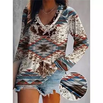 Женская футболка Футболка Vacation Weekend Vintage Ethnic с длинным рукавом Синяя Весна Осень S