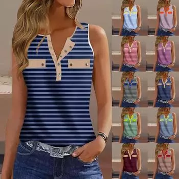 Женская футболка, футболка, жилет, пуговица с принтом, искусственное украшение на кармане, модная основа Daily Weekend, V-образный вырез, обычный топ L синий