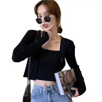 Женская футболка Футболки Liva Girl Однотонные тонкие майки + трикотажные кардиганы с v-образным вырезом Футболки свободного размера Vetements Femmes One size