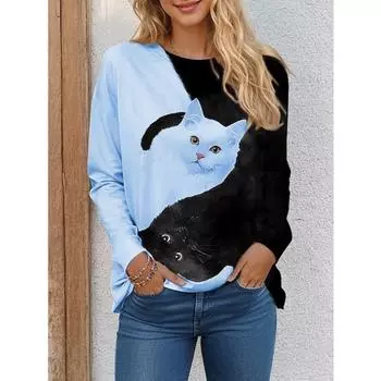 Женская футболка Футболки с цветным рисунком кота, черно-белые, с длинным рукавом, на каждый день, на выходные, с забавным круглым вырезом, стандартный крой, весна и осень S