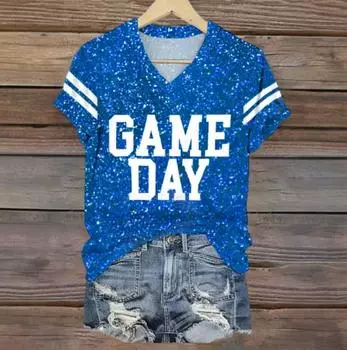 Женская футболка Game Day с принтом в виде букв, однотонная, с пайетками, модная одежда, повседневная одежда больших размеров, топы, футболки, новинка 2024 года, футболка, пуловер S