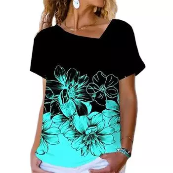 Женская футболка градиент цвета с цветочным принтом модная тенденция тонкий легкий косой воротник с коротким рукавом одежда для отдыха летний пуловер 7XL