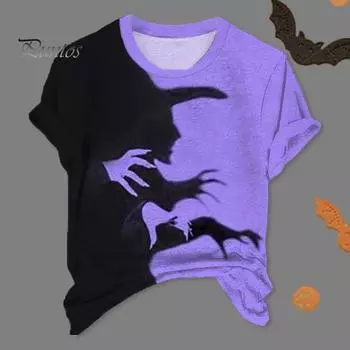 Женская футболка Хэллоуин Ведьма Тень Принт Повседневная футболка Круглый вырез Короткий рукав Жуткая ведьма Свободный крой Пуловер Топы Повседневная одежда M серый