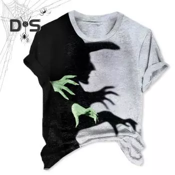 Женская футболка Хэллоуин Ведьма Тень Принт Повседневная футболка Круглый вырез Короткий рукав Жуткая ведьма Свободный крой Пуловер Топы Повседневная одежда M серый