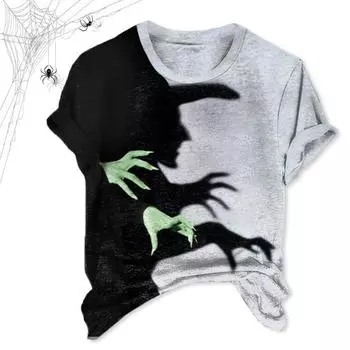 Женская футболка Хэллоуин Ведьма Тень Принт Повседневная футболка Круглый вырез Короткий рукав Жуткая ведьма Свободный крой Пуловер Топы Повседневная одежда M фиолетовый