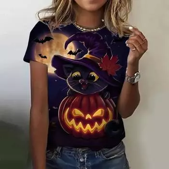 Женская футболка Halloween Funy Collection с 3D принтом, футболки с короткими рукавами и круглым вырезом, летучая мышь, конфеты, Y2k, уличная одежда для девочек, топы S