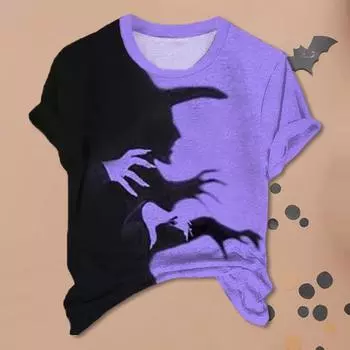Женская футболка Halloween Witch Shadow Print Casual Tee Круглый вырез с коротким рукавом Spooky Witch Свободный крой M серый