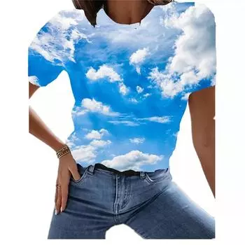 Женская футболка Harajuku Blue Sky с 3D принтом, модная тенденция, тонкий легкий V-образный воротник, белая одежда с короткими рукавами, летний пуловер для отдыха 4XL