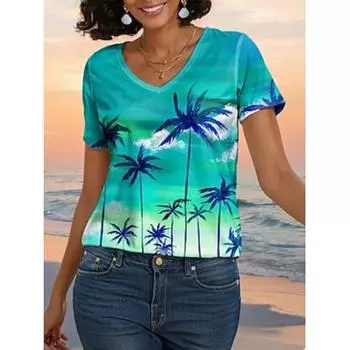 Женская футболка Hawaiian Plants Regular Tops Short Sleeve V Neck Print Regular Fit Vacation Green Summer S