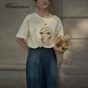 Женская футболка Hirsionsan с абстрактным принтом, лето 2023, новые винтажные футболки в стиле Харадзюку из 100% хлопка, мягкие повседневные женские топы M бежевый