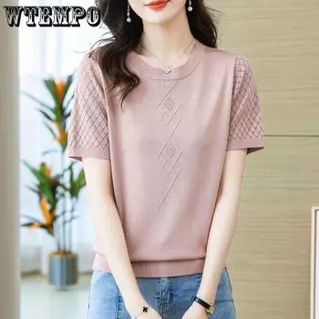 Женская футболка Hollow Ice Silk с коротким рукавом, летний однотонный трикотажный свитер с круглым вырезом S чёрный