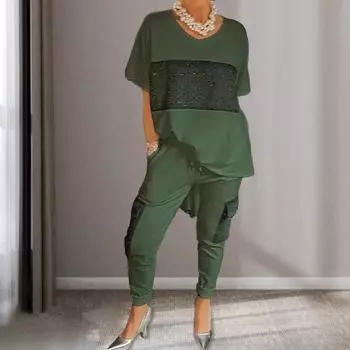Женская футболка и брюки, комплект домашней одежды, наряд с блестками, однотонный топ с v-образным вырезом и коротким рукавом 2XL зелёный