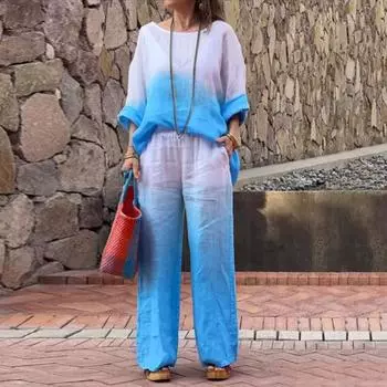 Женская футболка и брюки, комплект домашней одежды, градиентный контрастный цвет, топ с круглым вырезом и длинными рукавами 2XL жёлтый