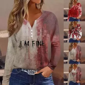 Женская футболка I m Fine Bloody Shirt с принтом и пуговицами, с коротким рукавом, на каждый день, на выходные, модный базовый топ с v-образным вырезом, обычный топ XXL