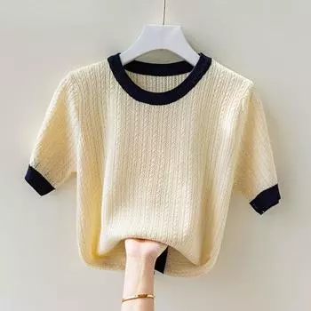 Женская футболка Ice Silk с круглым вырезом, женская летняя трикотажная футболка с цветными блоками, свободный топ большого размера S