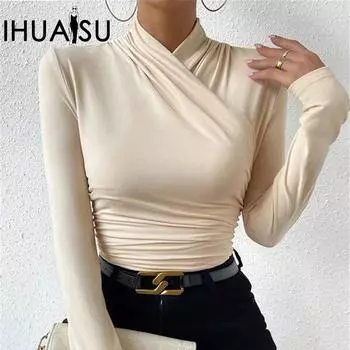 Женская футболка IHUASU с баской и перекрестным воротом, осенне-зимняя S абрикосовый