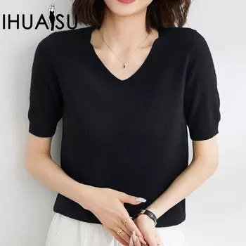 Женская футболка IHUASU Simple Temperament с V-образным вырезом и рукавами среднего размера, весна-осень, тонкий топ, однотонный цвет, рукав пять минут, трикотажная низ, тонкий S белый