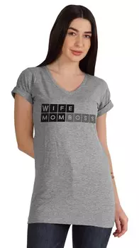 Женская футболка Inkmeso Wife Mom Boss, хлопковый топ с v-образным вырезом, графическая футболка для матери XS серый