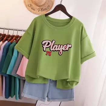 Женская хлопковая футболка L-5XL большого размера, футболка с коротким рукавом и рисунком, женская летняя футболка с круглым вырезом, сладкая парочка, большие футболки XL белый