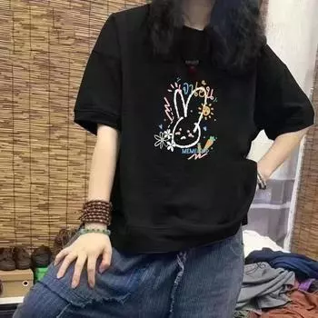 Женская футболка из 100% хлопка, повседневная, свободного кроя, с принтом, с короткими рукавами, облегающего дизайна, доступна в больших размерах S (up to 85 jin) чёрный