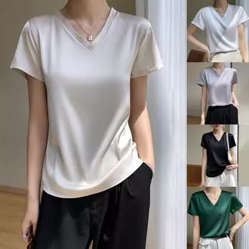 Женская футболка из атласного ацетатного шелка с короткими рукавами, V-образный вырез L чёрный