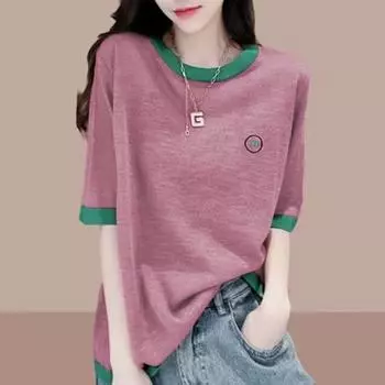 Женская футболка из бамбукового хлопка с короткими рукавами, тонкий и большой свободный повседневный лоскутный топ с половиной рукавов для женской одежды M фиолетовый